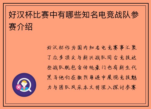 好汉杯比赛中有哪些知名电竞战队参赛介绍